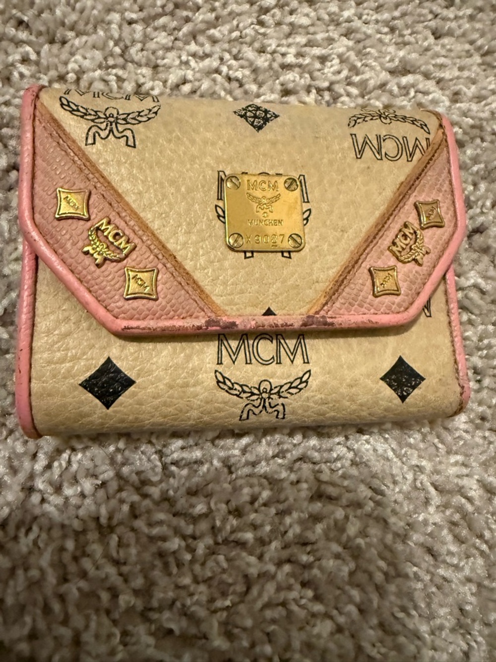 MCM Beige Wallet with Pink Trim and Gold Plaque